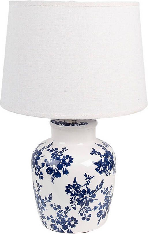 Clayre & Eef Tafellamp Ø 28x44 cm Wit Blauw Keramiek Bureaulamp Wit Bureaulamp