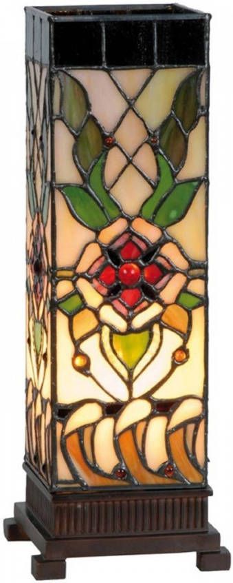 Lumilamp Tiffany Tafellamp 12*12*35 cm E14 max 1*40W Beige Groen Glas in lood Rechthoek Roos Tiffany Bureaulamp Tiffany Lampen
