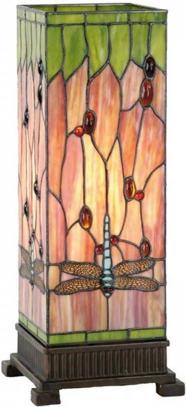 Clayre & Eef LumiLamp Tiffany Tafellamp 18*18*45 cm E27 max 1*40W Meerkleurig Glas in lood Libelle Rechthoek Tiffany Bureaulamp Tiffany Lampen Tiffany BureaulampTiffany Lampen