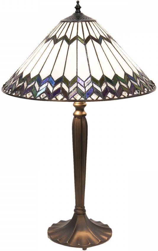 Lumilamp Tiffany Tafellamp Ø 40*62 cm E27 max 2*60W Wit Bruin Glas in lood Art Deco Tiffany Bureaulamp Tiffany Lampen Tiffany BureaulampTiffany Lampen