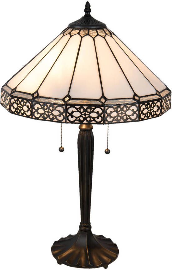 Clayre & Eef LumiLamp Tiffany Tafellamp Ø 41*62 cm E27 max 2*60W Beige Bruin Glas in lood Art Deco Tiffany Bureaulamp Tiffany Lampen