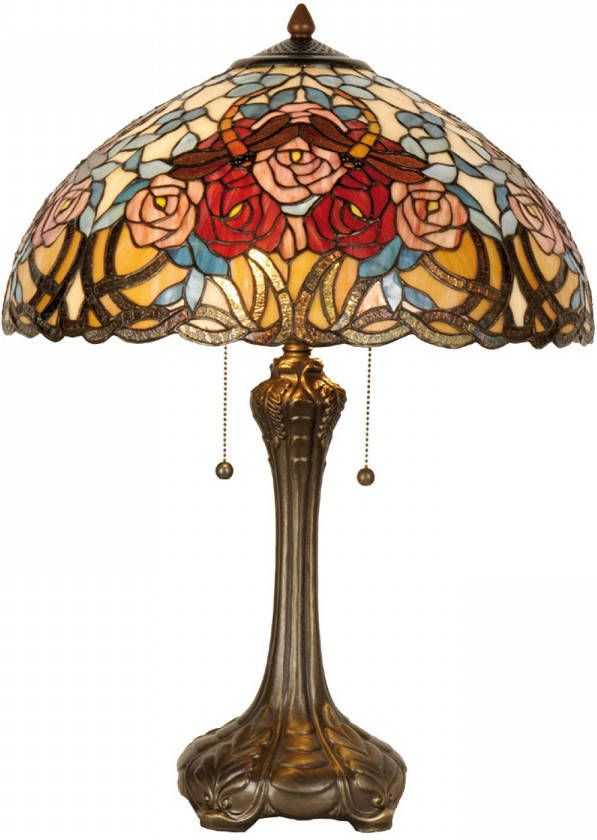 Clayre & Eef tafellamp tiffany compleet ø 46x64 cm 2x e27 max 60w. bruin rood geel multi colour ijzer glas