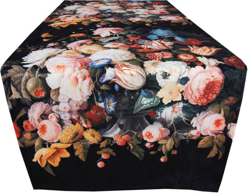 Clayre & Eef Tafelloper 35x180 cm Zwart Rood Polyester Bloemen Tafelkleed Zwart Tafelkleed