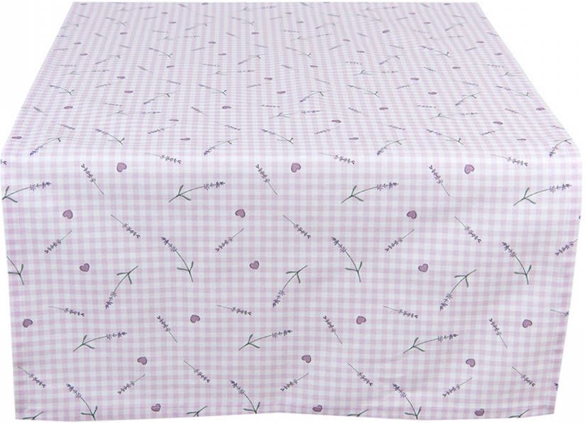 Clayre & Eef Tafelloper 50x140 cm Paars Wit Katoen Rechthoek Lavendel Tafelkleed Paars Tafelkleed