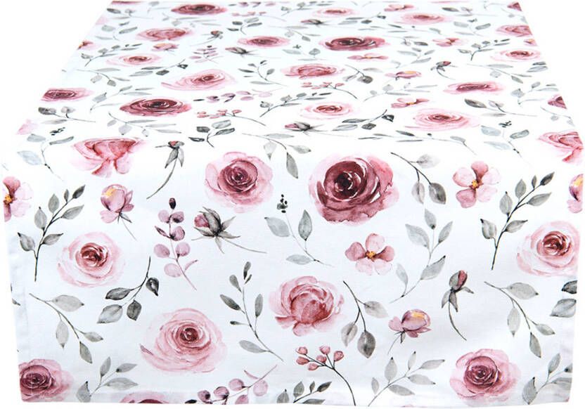 Clayre & Eef Tafelloper 50x140 cm Wit Roze Katoen Rechthoek Rozen Tafelkleed Wit Tafelkleed