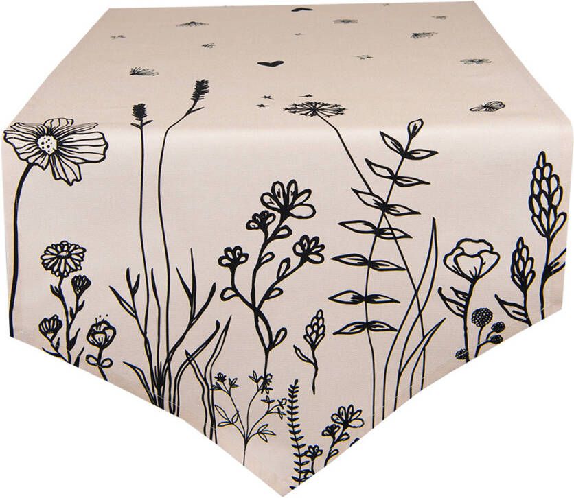 Clayre & Eef Tafelloper 50x160 cm Beige Zwart Katoen Bloemen Tafelkleed Beige Tafelkleed
