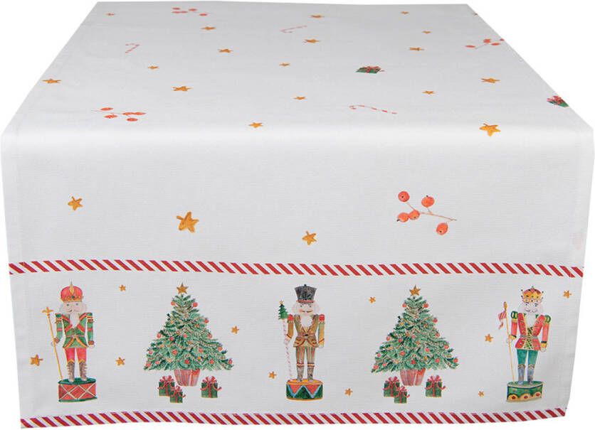 Clayre & Eef Tafelloper Kerst 50x140 cm Wit Rood Katoen Rechthoek Notenkrakers Tafelkleed Wit Tafelkleed