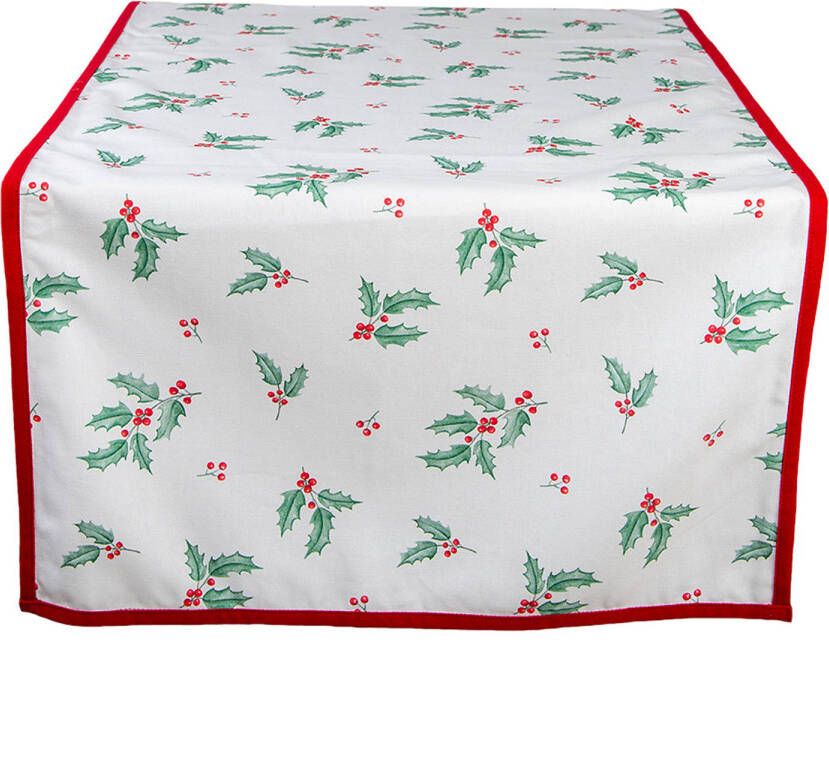 Clayre & Eef Tafelloper Kerst 50x140 cm Wit Rood Katoen Rechthoek Hulstbladeren Tafelkleed Wit Tafelkleed