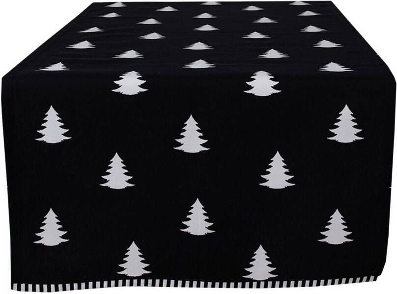 Clayre & Eef Tafelloper Kerst 50x140 cm Zwart Wit Katoen Rechthoek Kerstbomen Tafelkleed Zwart Tafelkleed