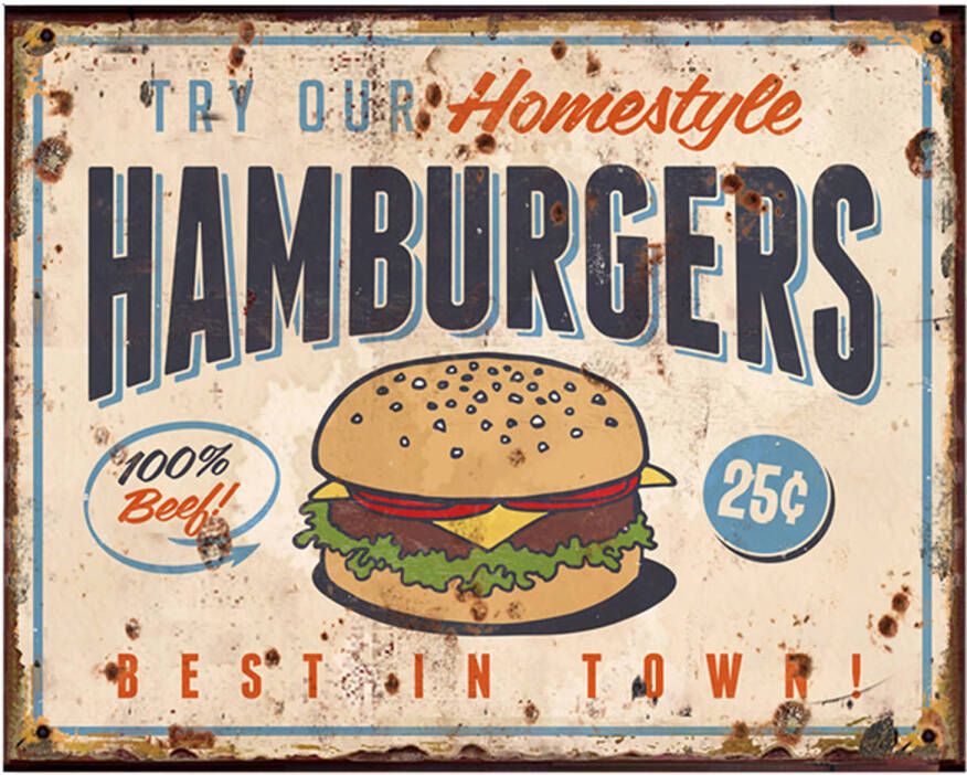 Clayre & Eef Tekstbord 25x20 cm Beige Ijzer Hamburger Food Wandbord Beige Wandbord