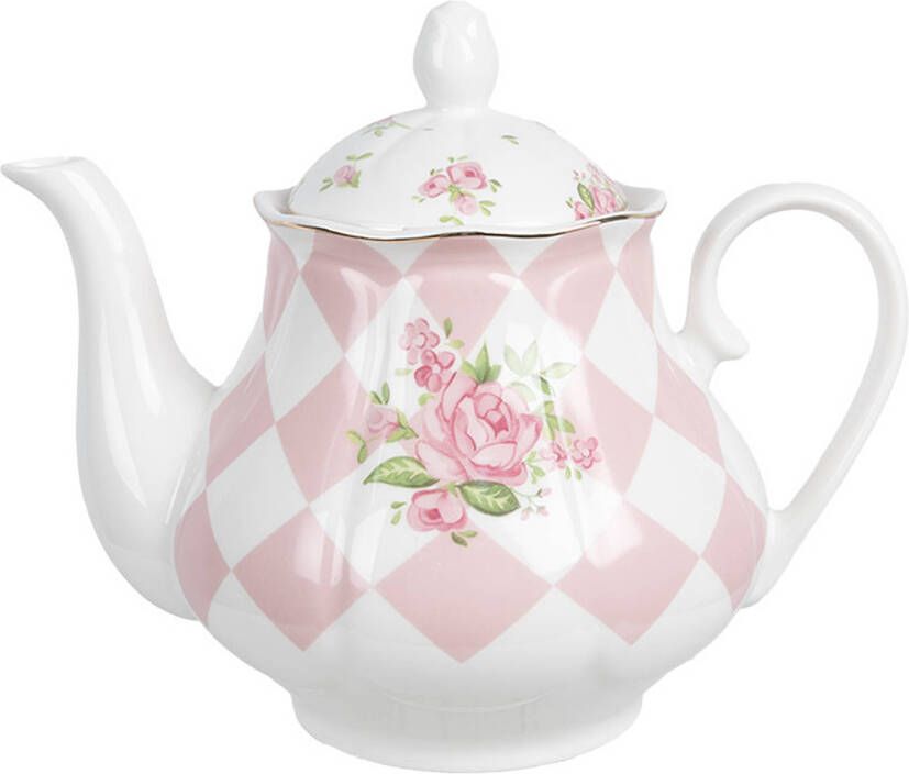 Clayre & Eef Theepot 1000 ml Roze Wit Porselein Rozen Roze