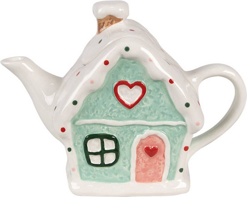 Clayre & Eef Theepot Gingerbread house 600 ml Wit Groen Keramiek Theekan Wit Theekan