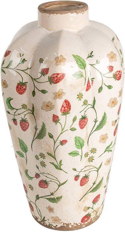 Clayre & Eef Vaas Ø 21x35 cm Beige Rood Keramiek Aardbeien