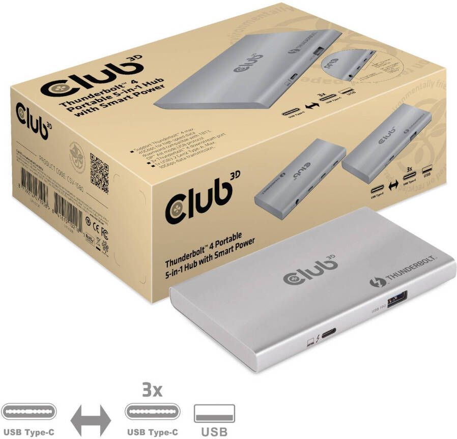 Club 3D Thunderbolt 4 Portable 5-in-1 hub met smart power