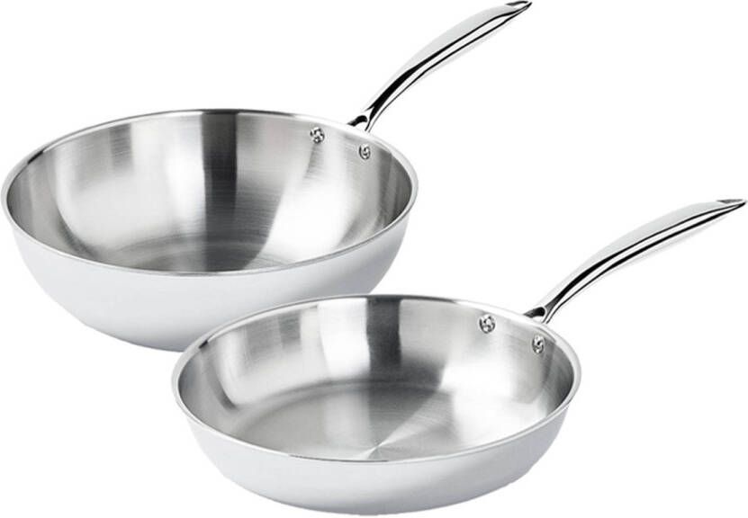 Cookinglife Pannenset TriPly RVS Koekenpan 28 cm + Wok 28 cm zonder anti-aanbaklaag