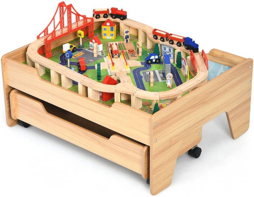 Costway 2-in-1 Houten Montessori Treinset En Speeltafel Met Lade 78 x 63 x 33 Cm 100 Delige Speelset STEM Speelgoed