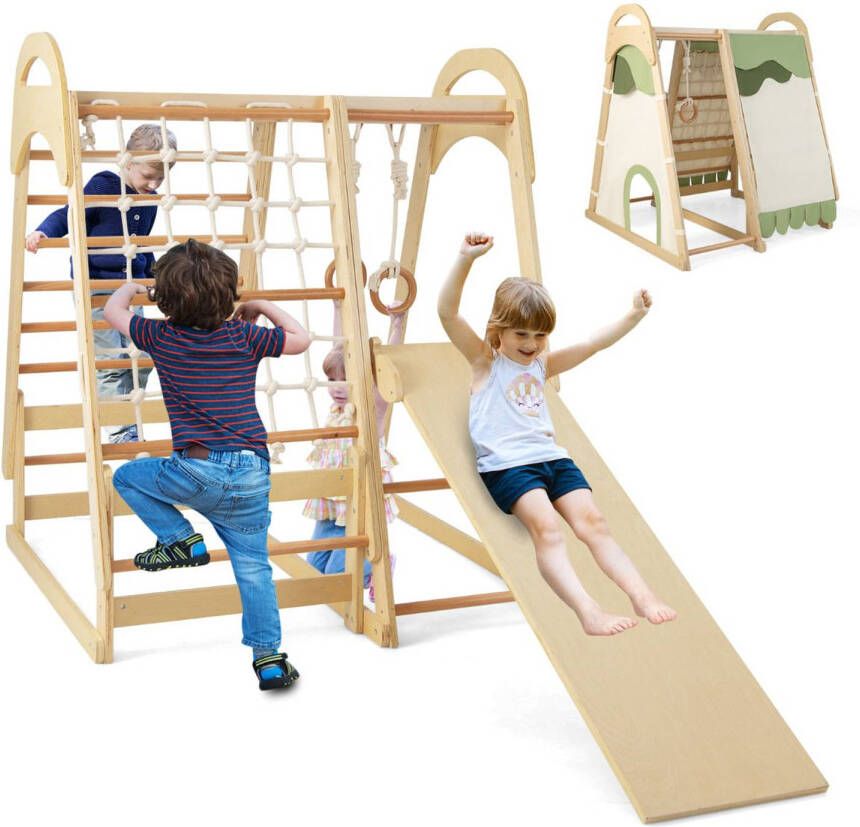 Costway 6-In-1 Houten Klimrek Speeltoestel Indoor Kinder Speeltoestel met Glijbaan en Tent 115 cm x 108 cm x 127 cm