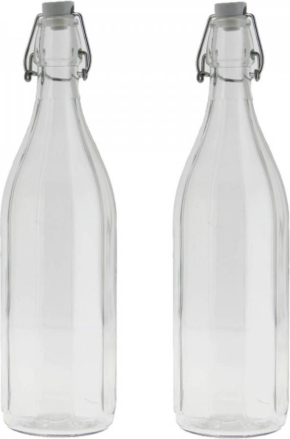 Shoppartners 2x Stuks glazen fles transparant met beugeldop 1000 ml Drinkflessen