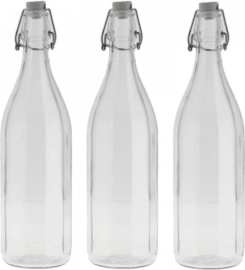 Shoppartners 3x Stuks glazen fles transparant met beugeldop 1000 ml Drinkflessen