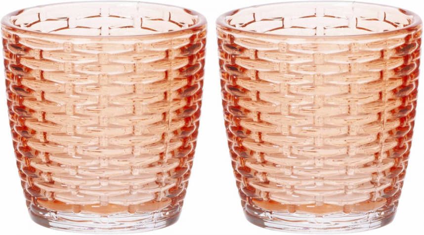 Cosy & Trendy Set van 2x stuks ronde theelichthouders waxinelichthouders glas oranje 9 x 9 cm steentjes motief Waxinelichtjeshouders