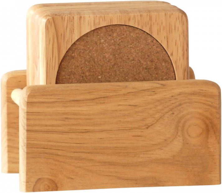 Cosy & Trendy Set van 6x glazenonderzetters hout in houder 10 cm Glazenonderzetters