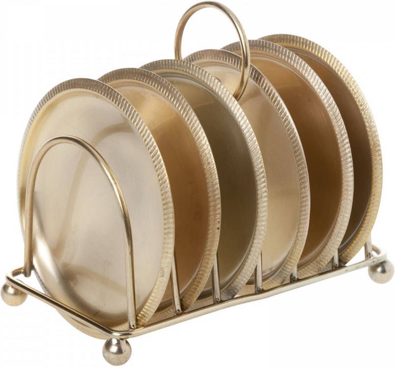 Cosy & Trendy Set van 6x ronde glazenonderzetters goud in houder 10 x 10 cm Glazenonderzetters