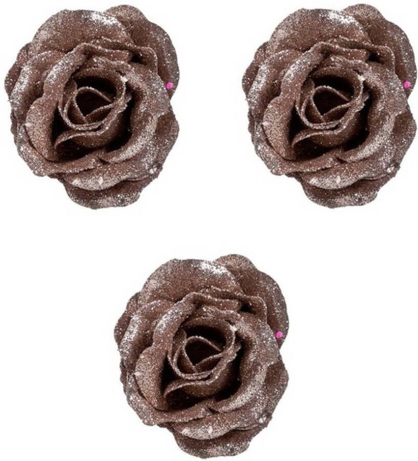 Bellatio Decorations 3x Oud Roze Roos Met Glitters Bloemen Op Clip 7 Cm Kerstversiering Kersthangers