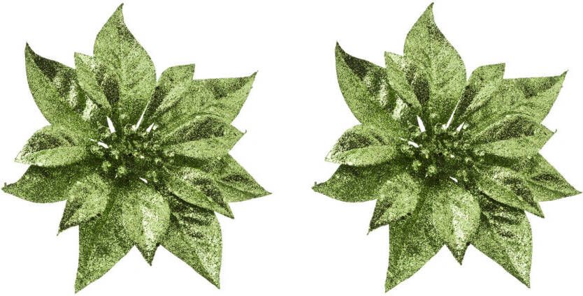 Cosy&Trendy 2x stuks decoratie bloemen kerststerren groen glitter op clip 18 cm Decoratiebloemen kerstboomversiering