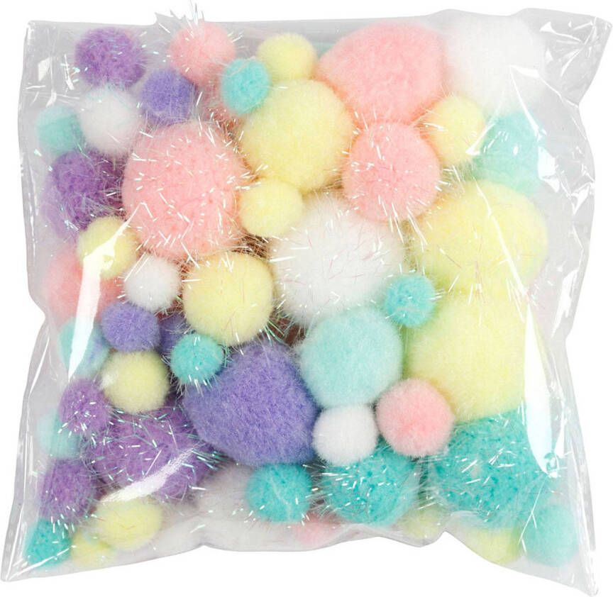 Creativ company Pompons knutsel set 62 grams pastel kleuren mix 15-40 mm hobby knutsel materialen