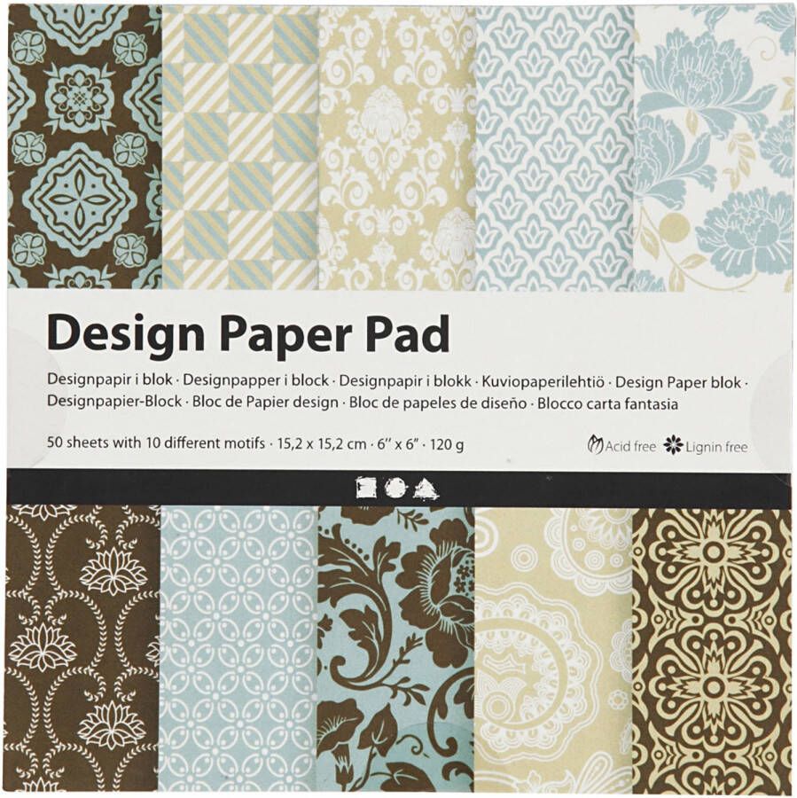 Creotime designpapier blok blauw bruin 15 2 cm 50 vellen