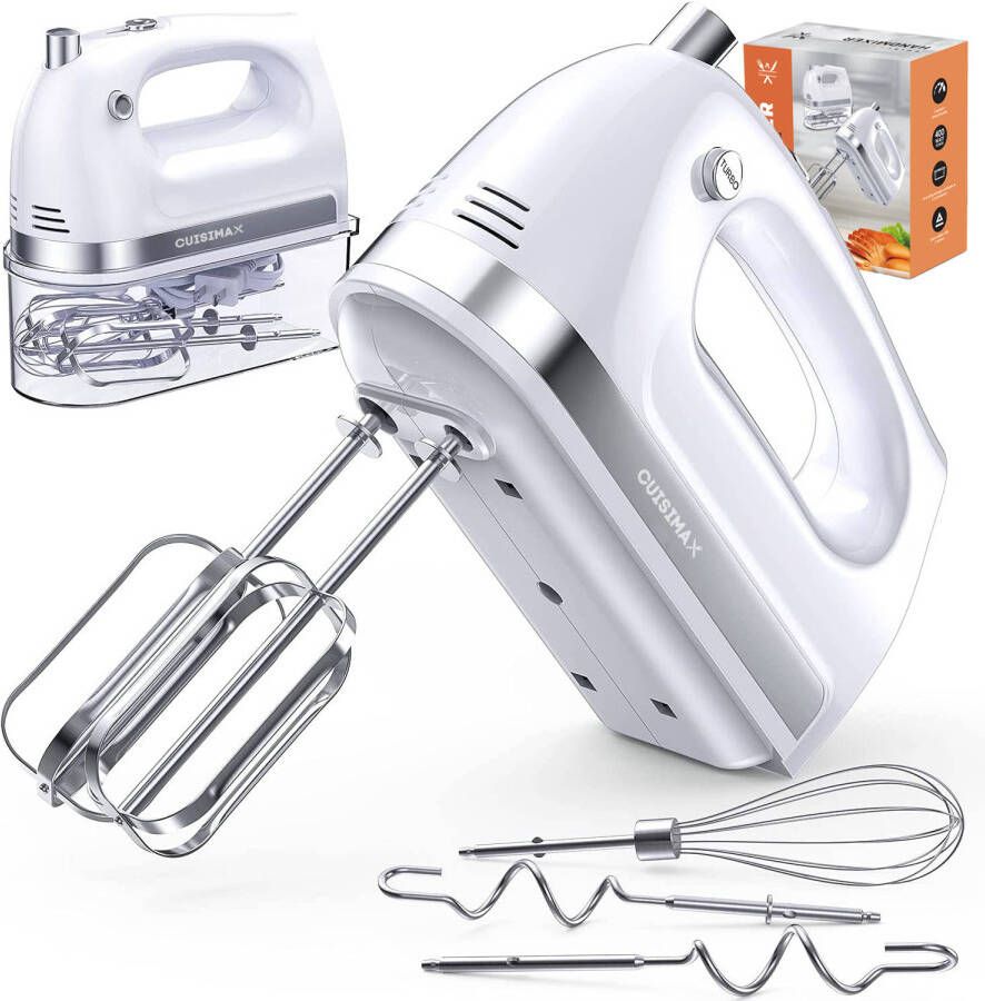 Cuisimax Krachtige Handmixer met Opbergbasis 5 Standen + Turbo Met Kloppers & Kneedhaken Compacte mixer Keukenmachine