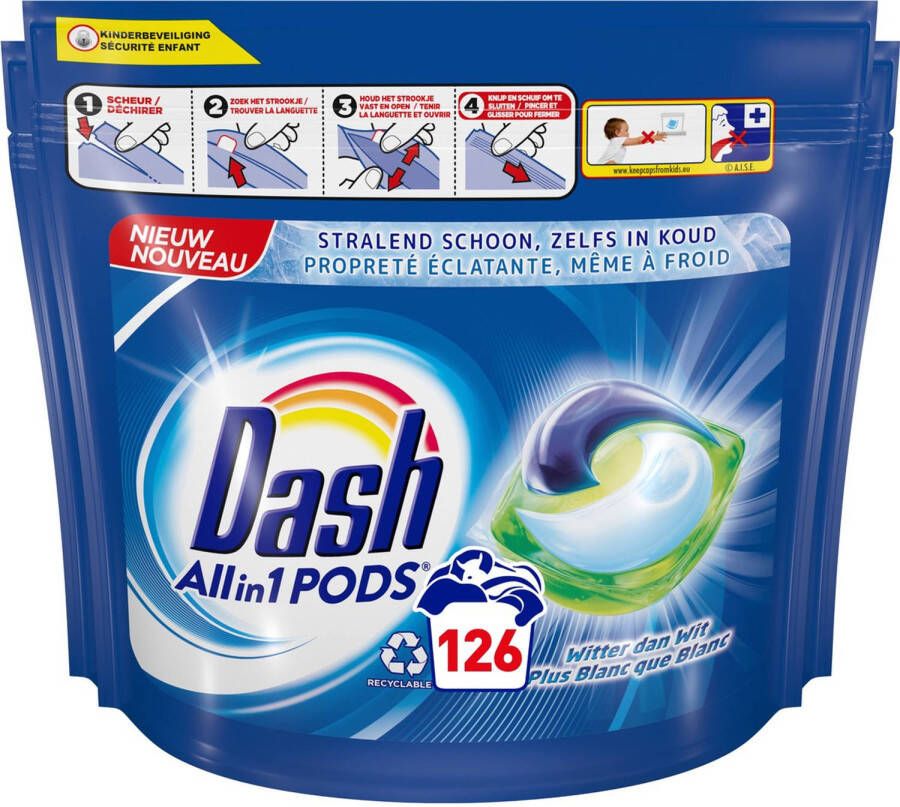 Dash All in 1 Wasmiddel Pods Wascapsules Witter Dan Wit Voordeelverpakking 3 x 42 Wasbeurten