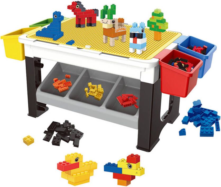 Merkloos Sans marque Decopatent Speeltafel met bouwplaat (geschikt voor Lego blokken) en vlakke kant. Kindertafel met 7 Opbergbakken Bouwtafel