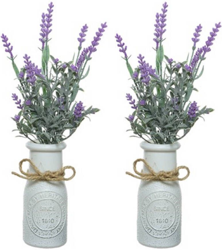 Merkloos Sans marque 2x stuks lichtpaarse Lavandula lavendel kunstplant 32 cm in witte pot Kunstplanten nepplanten