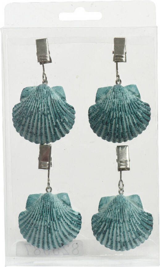 Decoris 4x Schelpen tafelkleedgewichtjes hangers kunststof turquoise Tafelkleedgewichten