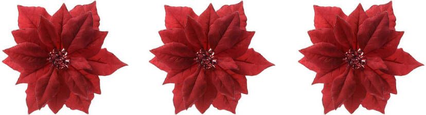 Decoris 4x stuks decoratie bloemen kerstster rood glitter op clip 24 cm Kunstbloemen