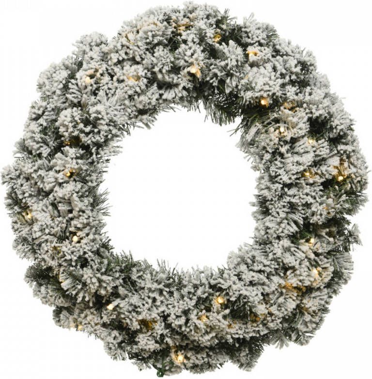 Decoris Kerstkrans dennenkrans Groen Met Sneeuw En Warm Witte Verlichting Met Timer 35 Cm Kerstkransen