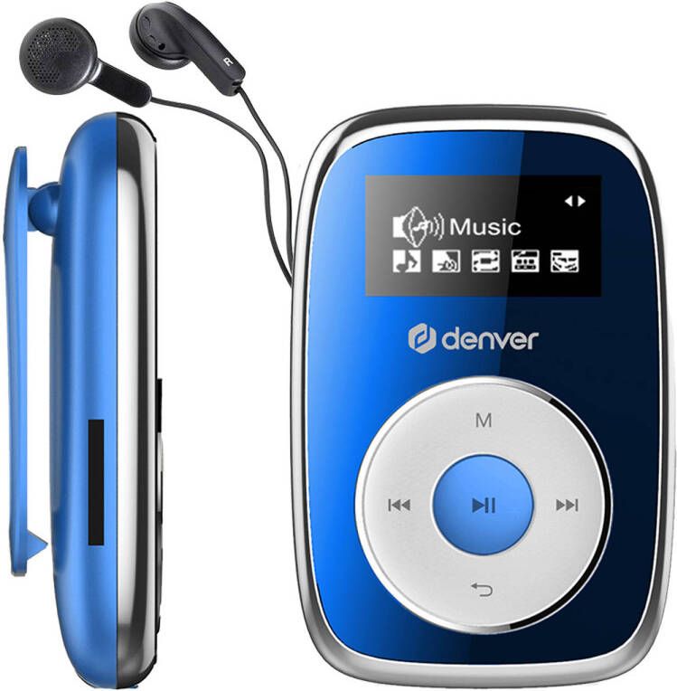 Denver MP3 Speler Incl. Oordopjes 16GB Shuffle Kinderen & Volwassenen Bevestigingsclip AUX MPS316 Blauw