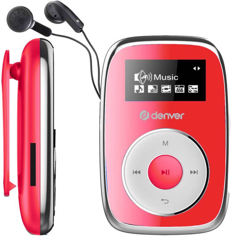 Denver MP3 Speler Incl. Oordopjes 16GB- Shuffle Kinderen & Volwassenen Bevestigingsclip AUX MPS316 Rood