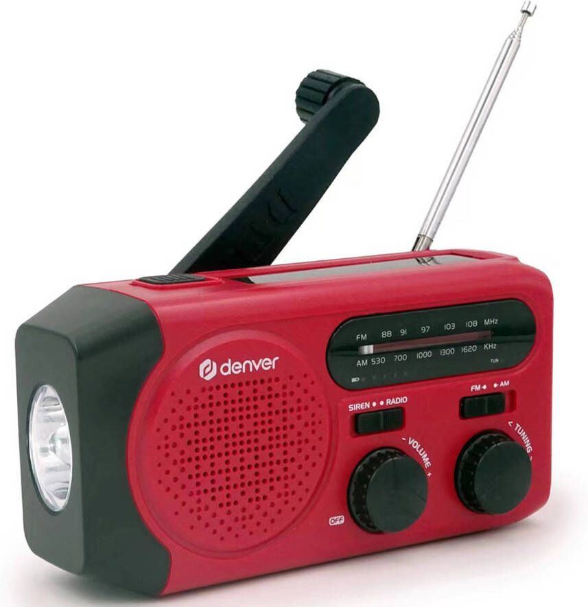 Denver Noodradio Powerbank Zonneenergie FM Radio Noodpakket Zaklamp Opwindbaar SOS Knop Solar SCR2010