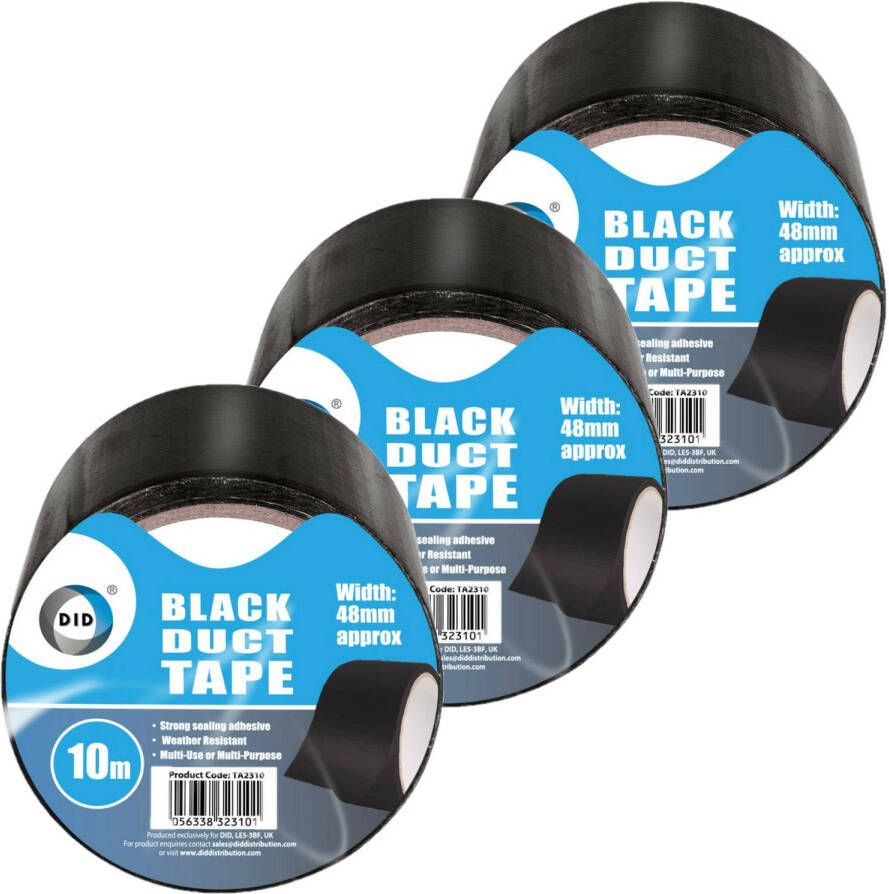 DID duct tape reparatietape zwart 3 stuks 10 meter x 48 mm Tape (klussen)