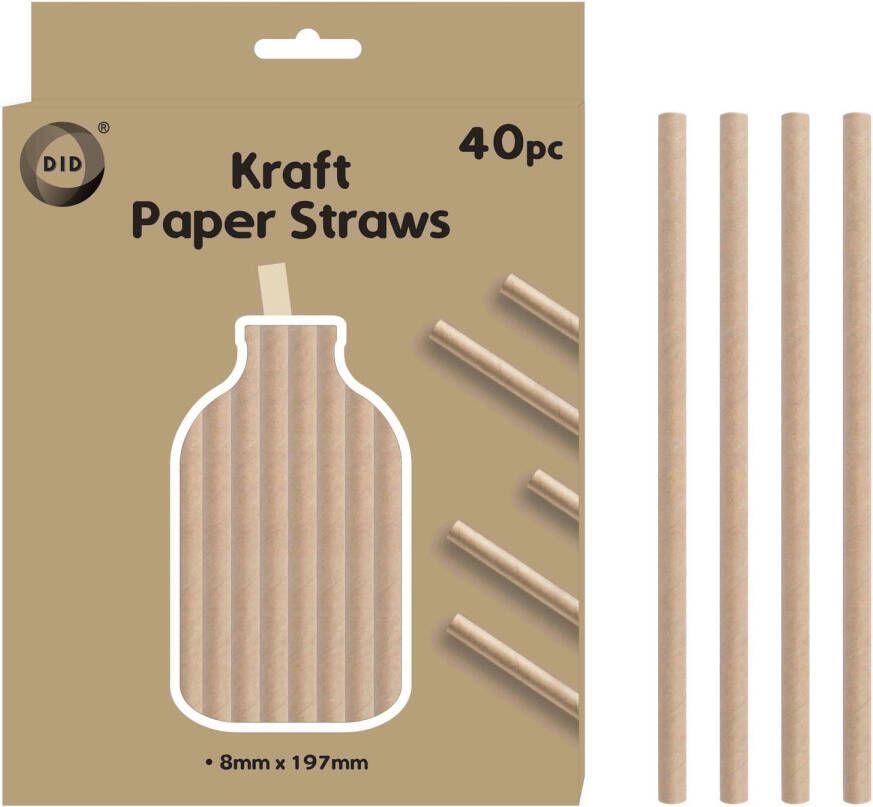 DID Kraftpapier rietjes 40x stuks naturel 20cm x 0.8cm drinkrietjes wegwerprietjes