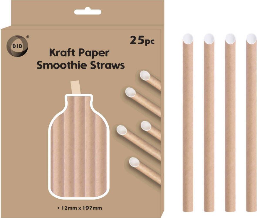 DID Kraftpapier smoothie rietjes 25x stuks naturel 20cm x 1.2cm drinksmoothie rietjes wegwerpsmoothie rietjes bubble tea rietjes