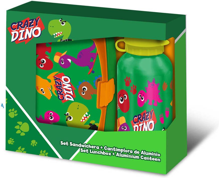 Dino World Crazy Dino lunchbox set voor kinderen 2-delig groen aluminium kunststof  Lunchboxen