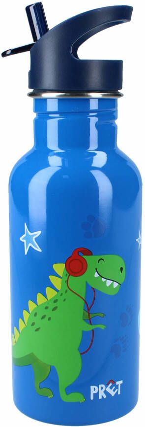 Dino World Pret Dino drinkfles drinkbeker bidon met drinktuitje blauw RVS 500 ml Schoolbekers