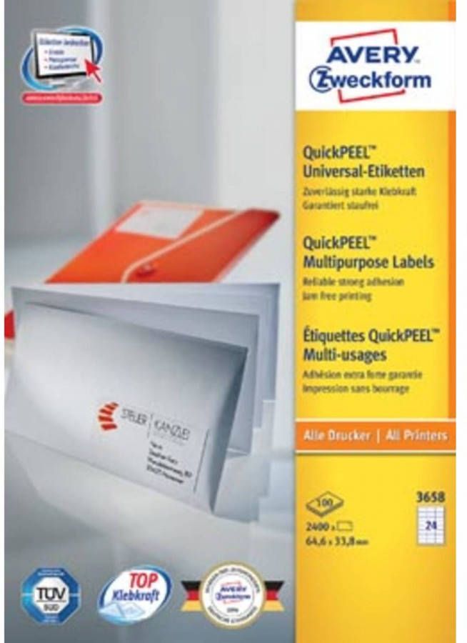OfficeTown Avery witte etiketten QuickPeel ft 64 6 x 33 8 mm (b x h) 2.400 stuks 24 per blad doos van 100 ...
