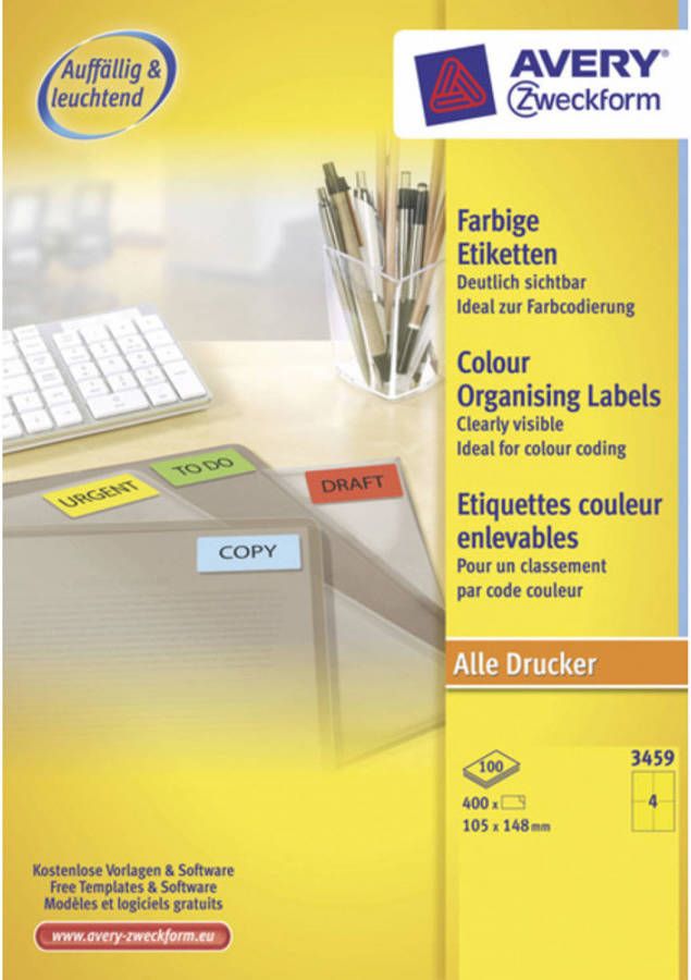 OfficeTown etiket Avery ILK 105x148mm 100 vel 4 etiketten per vel geel