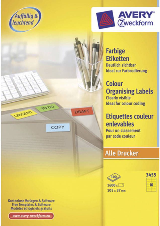 OfficeTown etiket Avery ILK 105x37mm 100 vel 16 etiketten per vel geel