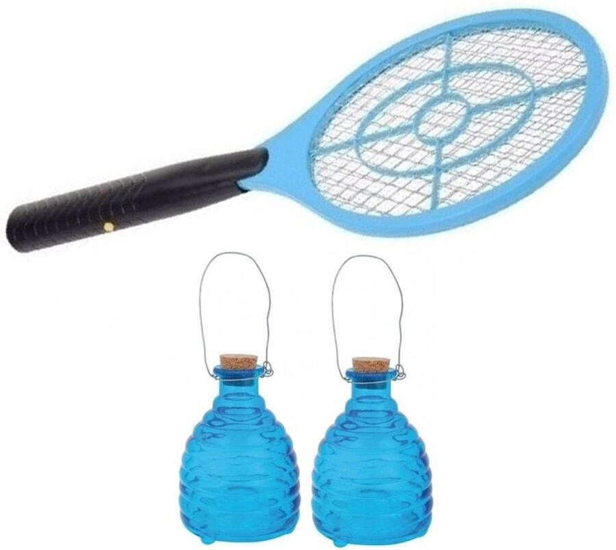 Merkloos 2x Blauwe wespenvallen met vliegenmepper anti wesp vlieg Ongediertevallen Ongediertebestrijding