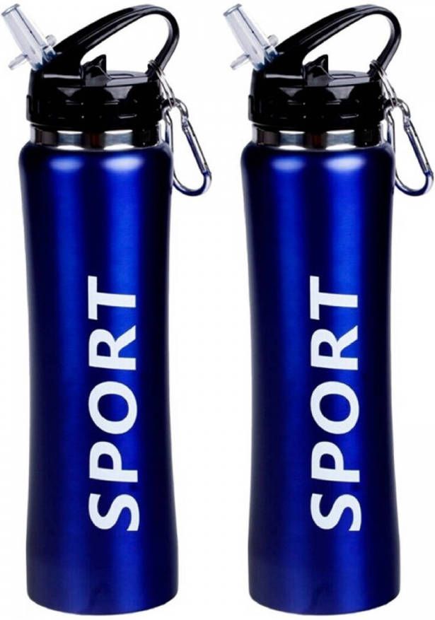 Shoppartners 2x Sport Bidon drinkfles waterfles Sport print blauw 600 Ml Drinkflessen